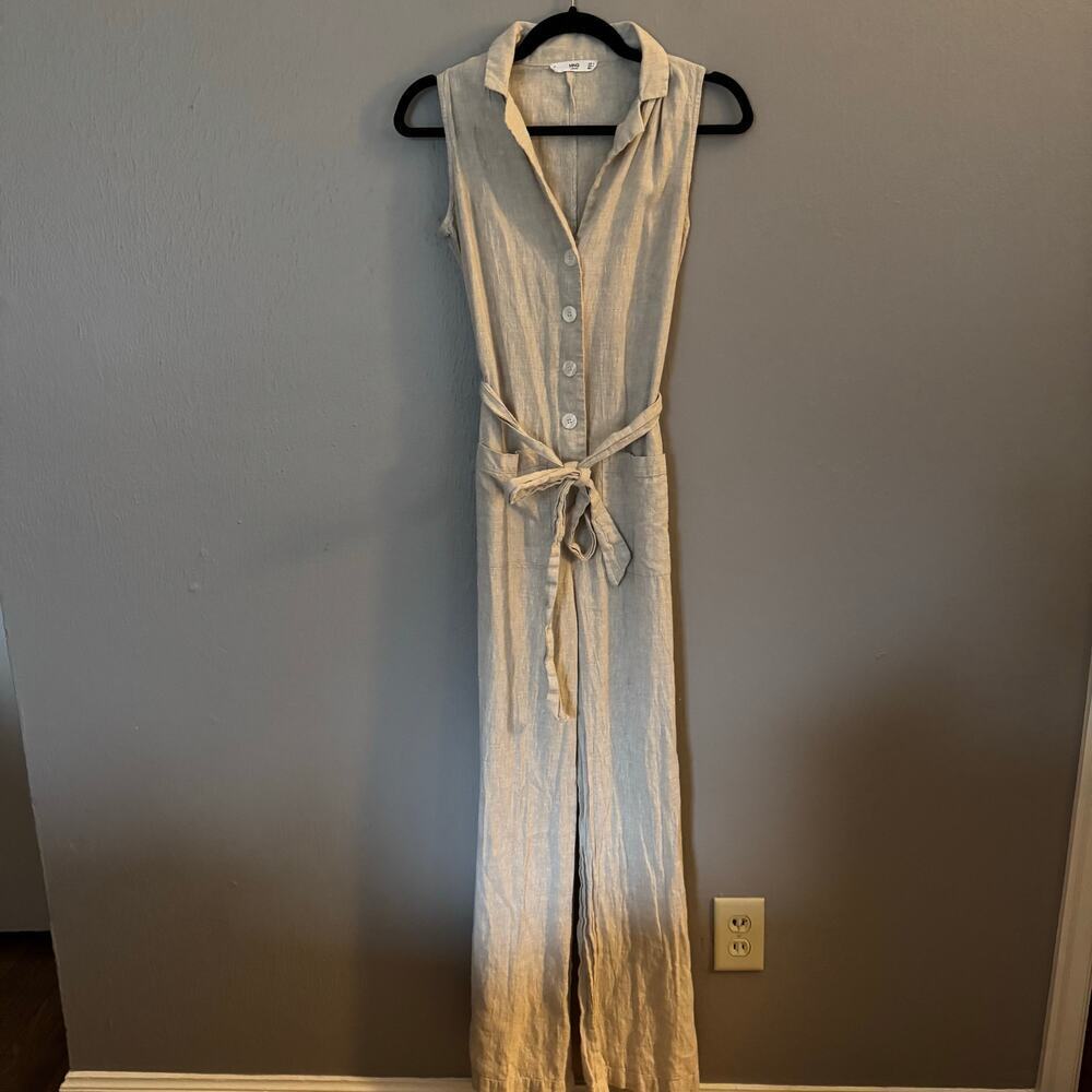 MNG Beige Collared Linen Blend Sleeveless Jumpsuit Casual comfort Size 4